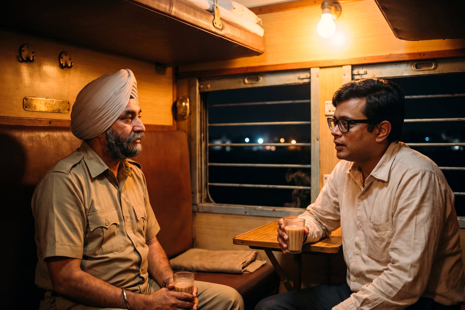 Inside a wood-panelled 1971 railway coupé lit by a single warm amber bulb, a turbaned grey-bearded man in a plain bush-shirt and a younger clean-shaven bespectacled man in a rumpled shirt sit facing each other across the compartment with glasses of milky tea, the empty upper berth folded flat against the wall above and the barred night window between them showing scattered distant town lights in the dark.