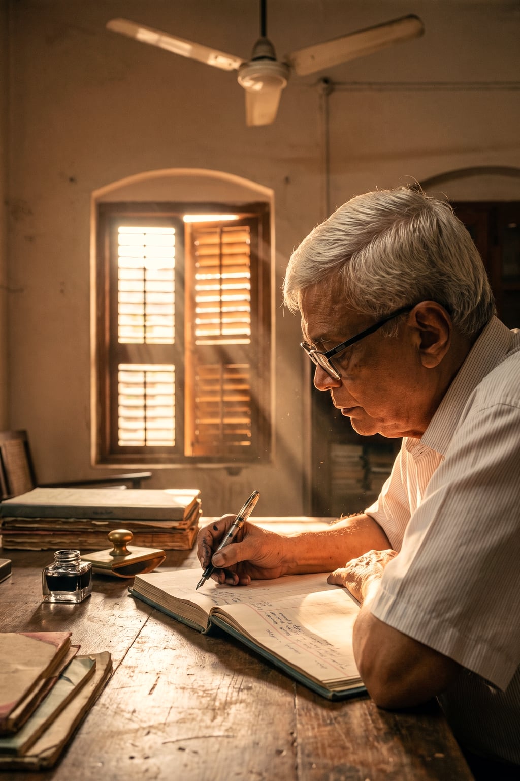 Seen from the side in warm striped afternoon light, an elderly white-haired bespectacled man sits in profile at a wooden desk, his fountain pen inking columns of figures in a large open cloth-bound ledger, more ledgers stacked beside a glass inkwell at his elbow, a tall wooden louvred window rising behind him.