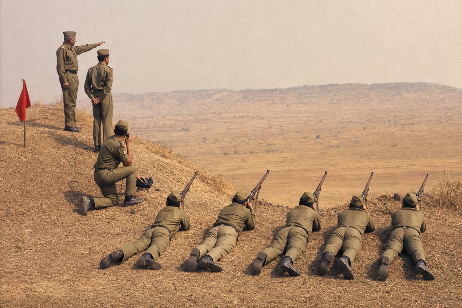 On a dry grassy firing range in hazy daylight, a red range-safety flag flies from a pole while a row of khaki-clad soldiers lie prone with their rifles raised to a calculated firing angle toward the empty distance, two men stand at the crest of a low hillock with the instructor pointing out a direction, and a third kneels on the slope pressing a field-telephone handset to his ear.