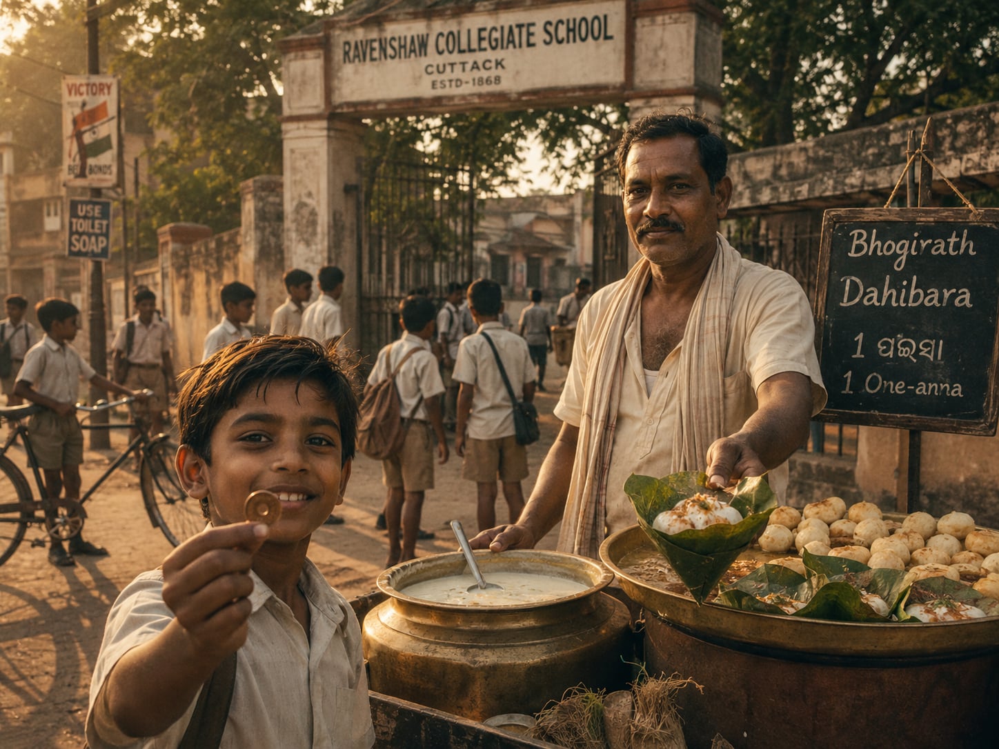 A middle-aged, moustached, sighted dahibara vendor in a pale shirt and shoulder-cloth reaches to serve a green sal-leaf cup beside a brass pot of buttermilk and a tray of fried bara; in the foreground a smiling uniformed schoolboy holds up a small copper coin with a central hole, at a masonry school gate in warm golden light.