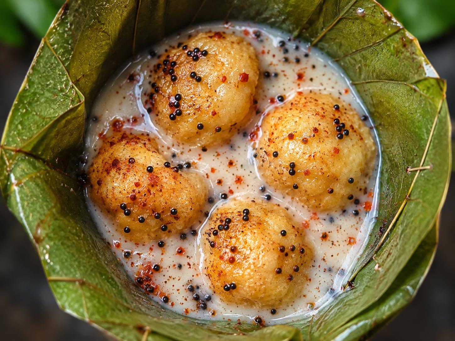 Overhead macro of four golden dahibara dumplings in a folded green sal-leaf bowl, pooled in white buttermilk and scattered with black mustard seeds and red-chilli flecks.