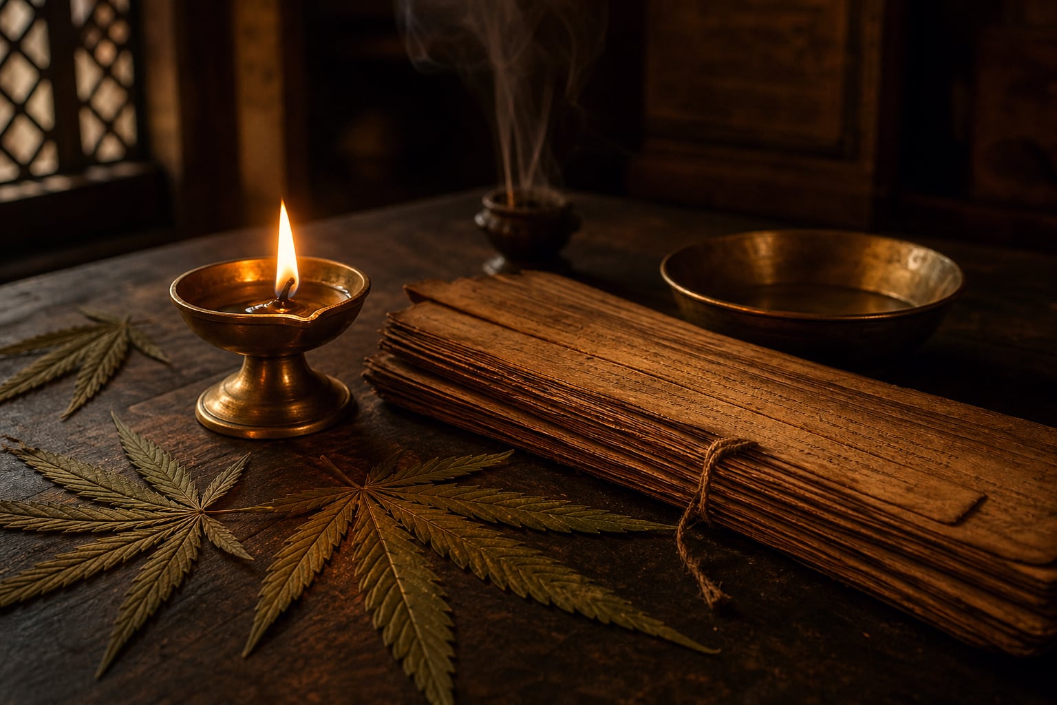 A small lit brass oil lamp glows on a dark wooden table beside a few dried cannabis leaves and an aged, frayed palm-leaf manuscript bundle, warm lamplight pooling around them and falling to shadow at the edges.