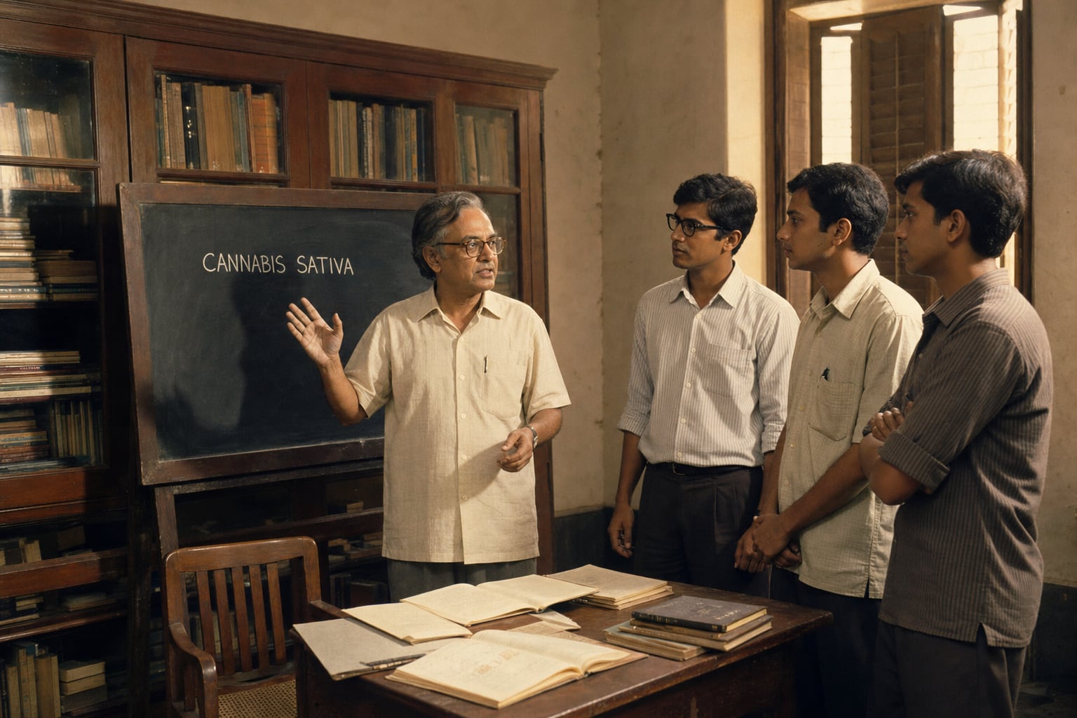 A middle-aged Bengali chemistry professor in wire-rimmed glasses turns from a small black chalkboard reading 'Cannabis sativa', one hand raised mid-explanation, while three young Indian research fellows stand and listen; a cupboard of books rises behind him and his chair and a table of scattered notebooks sit before the board in a sunlit 1964 university chemistry room.