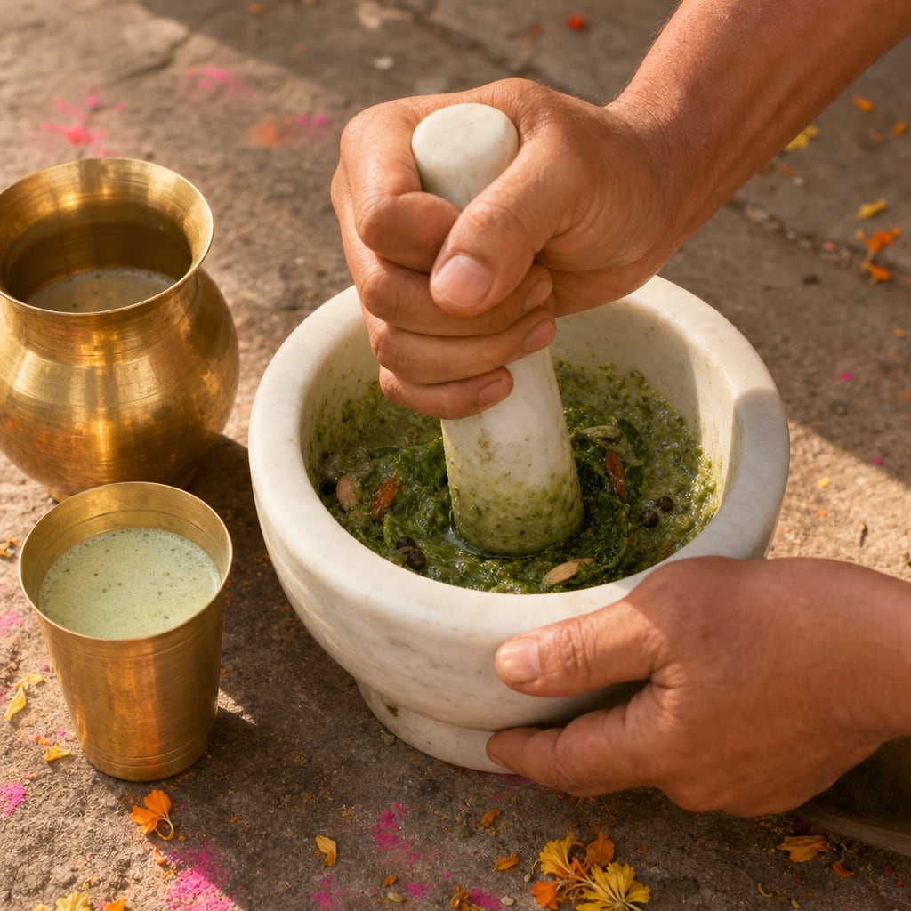 One hand steadies a white marble mortar by its rim while the other works a white marble pestle, grinding fresh green Cannabis sativa (bhang) leaves with soaked almonds and a splash of milk into a paste, beside a brass lota and tumbler of pale-green spiced milk, with faint pink and yellow gulal smears and marigold petals on a stone courtyard floor.