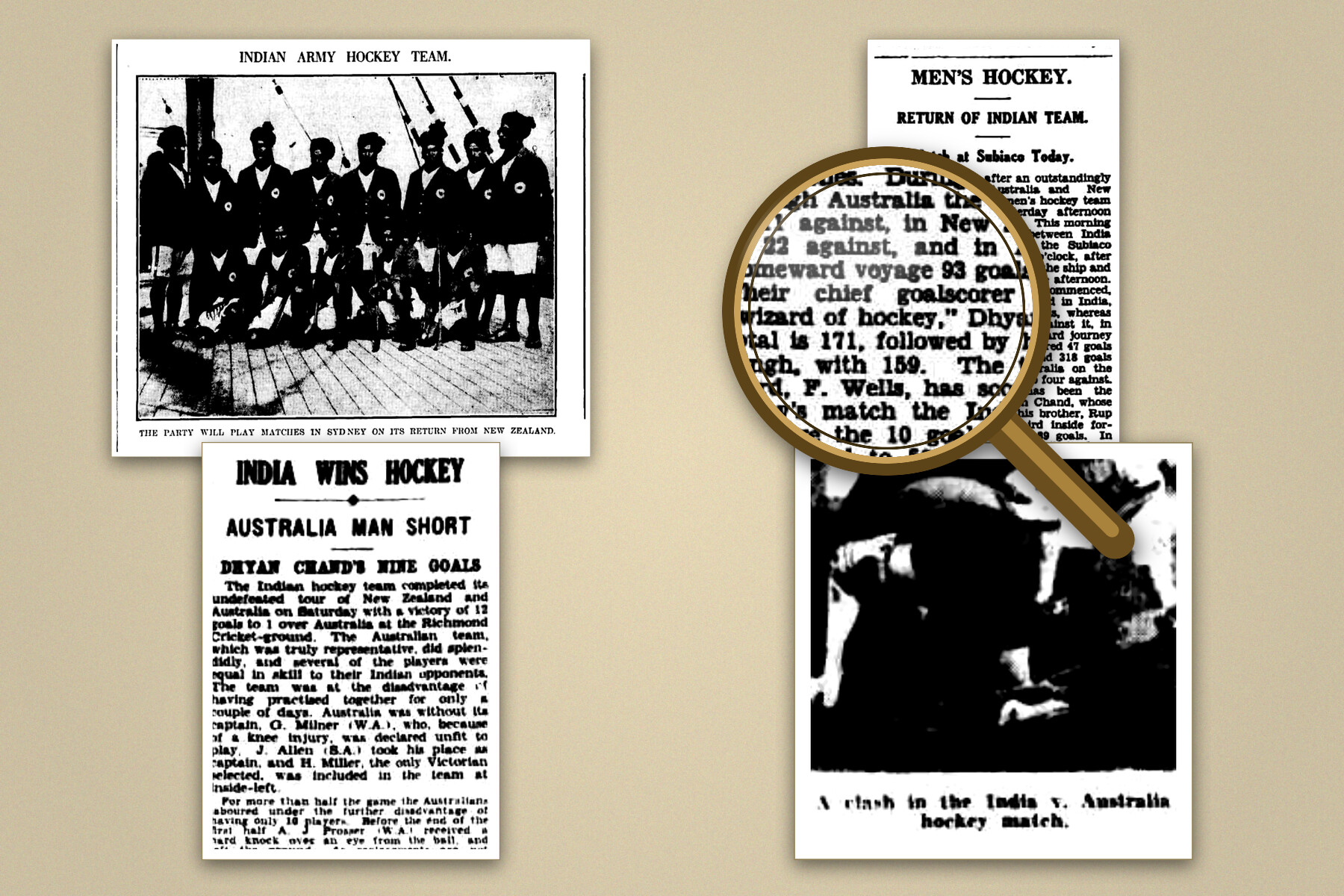 A warm album page of four public-domain Australian newspaper clippings about the touring all-India hockey team. A 1926 group photograph is headed 'Indian Army Hockey Team,' the players in blazers on a ship's deck. A 1935 report headed 'Men's Hockey — Return of Indian Team' calls Dhyan Chand 'the wizard of hockey' and records the side scoring 490 goals to 39 across the tour. A bold three-deck headline reads 'India Wins Hockey — Australia Man Short — Dhyan Chand's Nine Goals.' A fourth clipping is a match-action photograph captioned 'A clash in the India v. Australia hockey match.' A magnifying glass laid over the report enlarges the words 'wizard of hockey.'