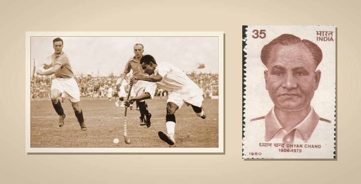 Two sepia archival pieces on an aged cream ground. On the left, a bordered black-and-white press photograph from the 1936 Berlin Olympic hockey semi-final — Dhyan Chand, dark-jerseyed, bent low over the ball with his stick, driving past a lighter-shirted defender, a packed stadium behind. On the right, smaller, the 1980 Indian commemorative postage stamp — denomination 35, lettered 'भारत / INDIA', an engraved portrait of Dhyan Chand in a soft collar, 'ध्यान चन्द DHYAN CHAND', '1906–1979' and '1980' — its perforated edges intact.