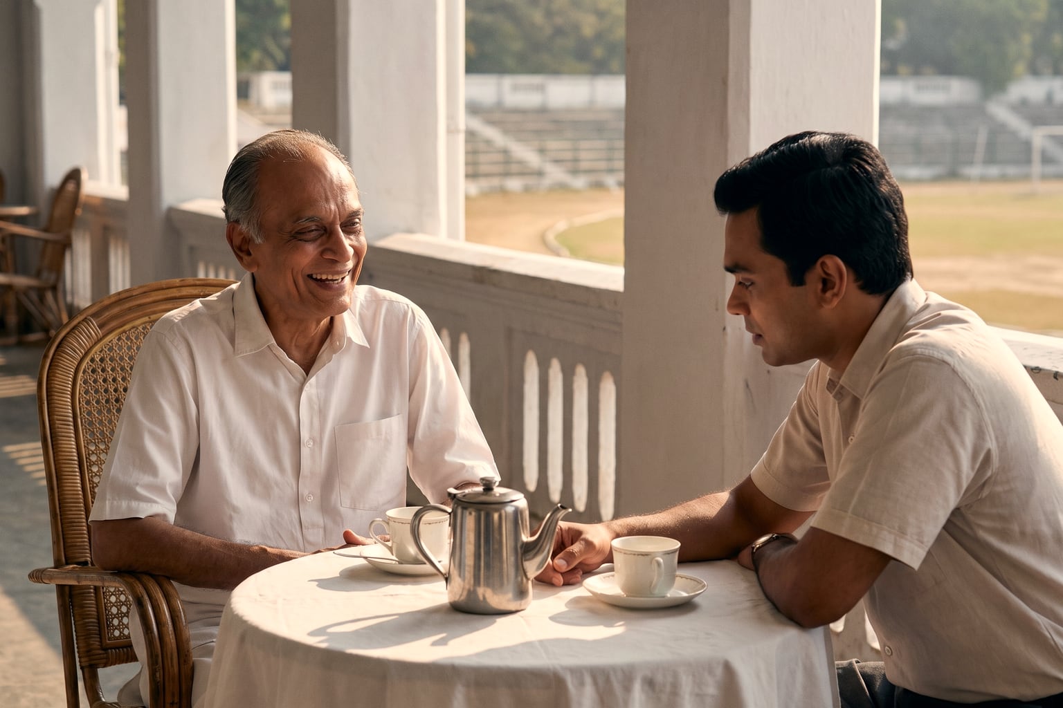 On a bright stadium verandah, a lean elderly man with grey hair combed straight back laughs in a cane armchair, one hand resting near his teacup; across a small round table with a white cloth, a steel teapot and two white cups, a dark-haired young man in a pale shirt leans forward listening, his face in profile; the empty stadium ground and white railings stretch beyond, wicker chairs at the far end of the verandah.