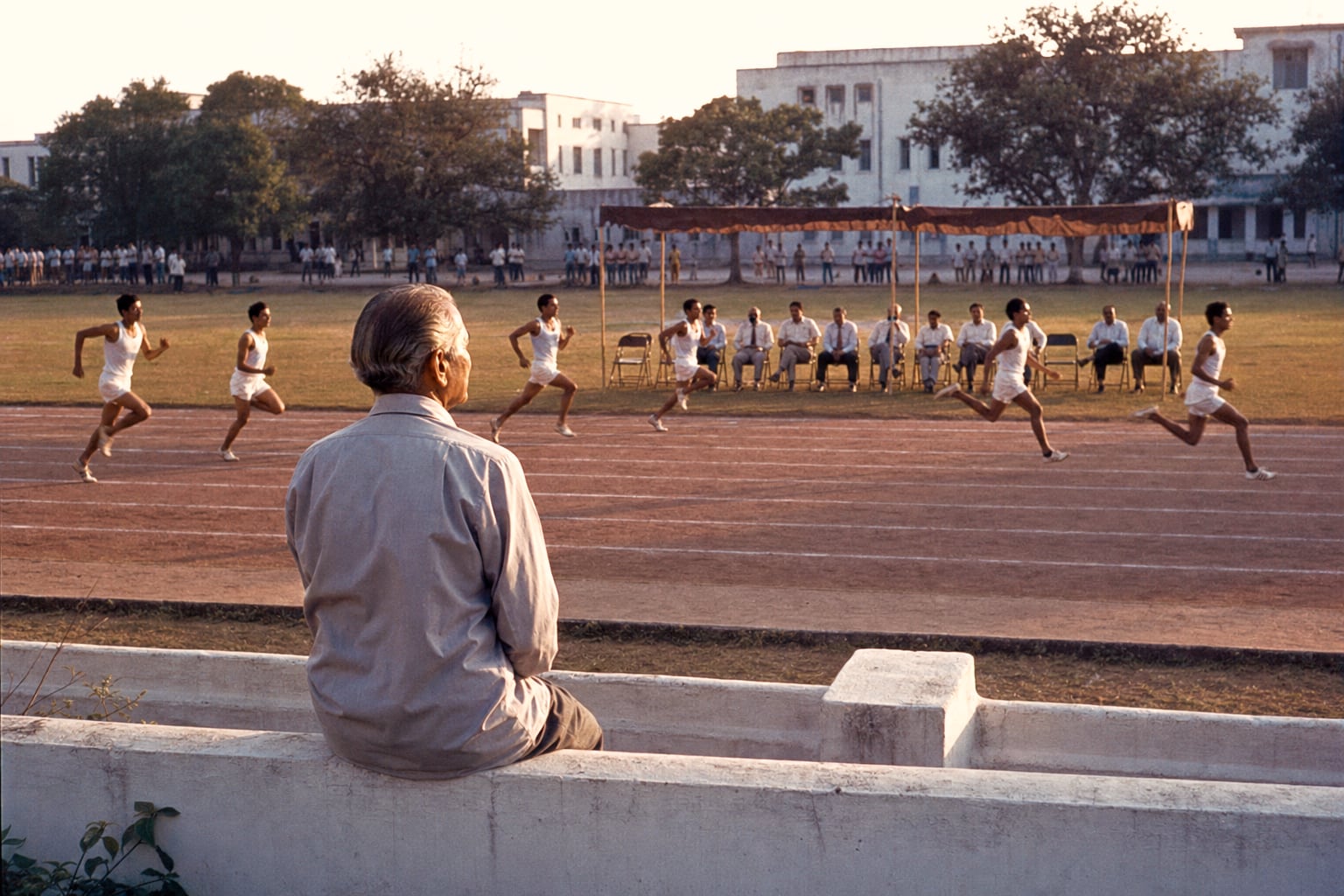 Seen from behind, a lean, slightly built elderly man with grey hair combed straight back sits alone on a low whitewashed wall in a light grey shirt, watching a sprint race pass left to right along the lanes of a red cinder track; beyond the far edge a long row of masters and officials sits beneath a shamiana awning facing the track, students stand in knots on the grass, and a pale college building rises among tall trees in late golden light.
