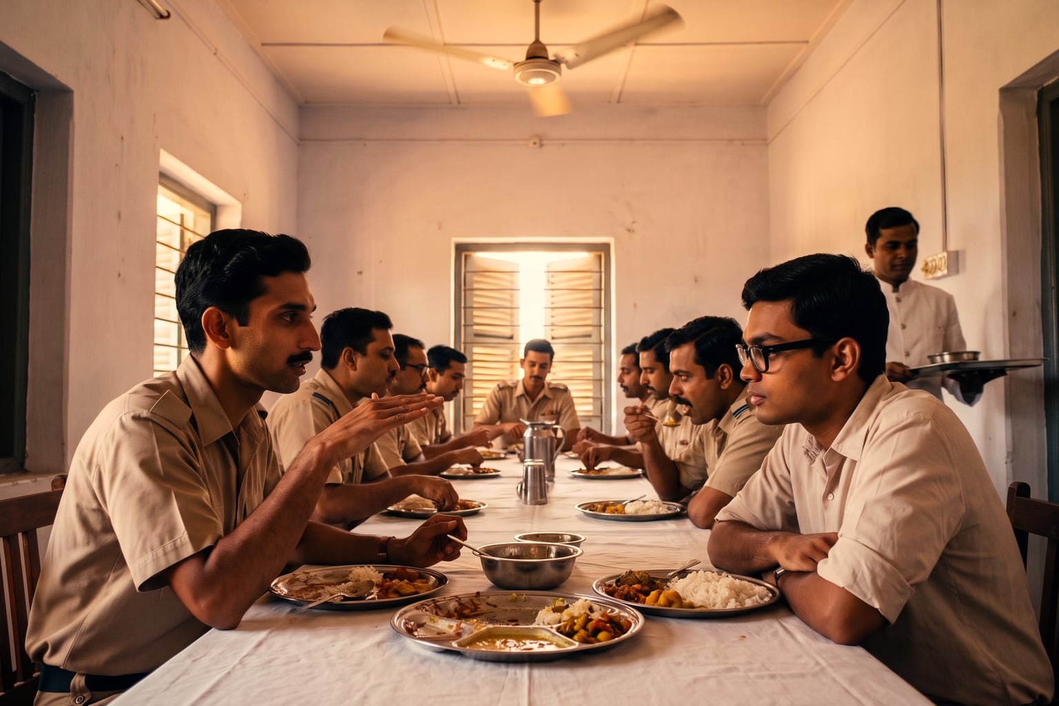 A busy 1960s air-force officers' mess at lunch: a long white-clothed table crowded with officers in khaki shirtsleeves eating rice, dal and vegetables from steel thalis, some talking, some mid-mouthful, and a steward in a white jacket carrying a tray at the back. In the foreground, nearest the camera, two young Indian men face each other across the near end. On the left an officer with a narrow moustache holds one hand raised flat and tilted in the air to show a banked turn, mid-sentence, a spoon still in his other hand; opposite him a bespectacled young man in a pale shirt rests his folded arms on the cloth, listening. A steel water jug stands between them, a ceiling fan turns overhead, and a tall shuttered window lets in the glare behind.