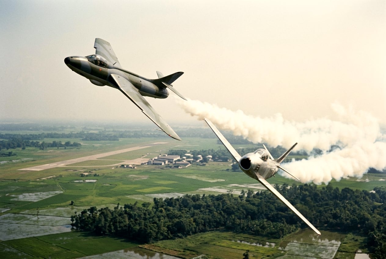 Two single-seat swept-wing jet fighters cross in opposite banks above a patchwork of flooded green paddy fields and woodland, their fuselages forming an X and their noses pointing different ways, each streaming a thick white plume of smoke behind it. The upper aircraft, in green-and-grey camouflage, has a smooth closed nose and air intakes set into its wing roots; the lower one is bare polished metal with a large oval intake forming the open mouth of its nose. A concrete runway with low hangars and dispersal buildings runs across the country beneath them.