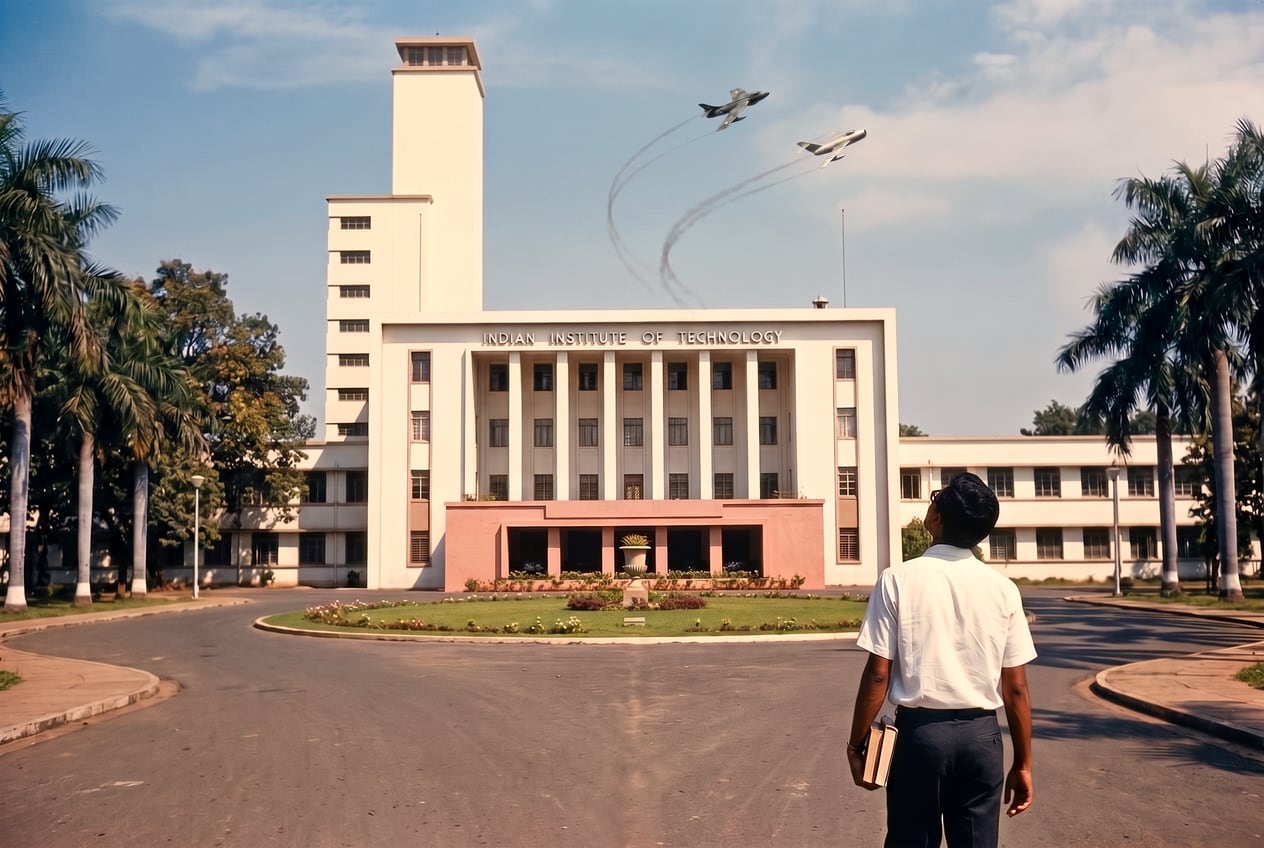 Seen from behind on a dry, empty avenue, a young man in a white collared shirt and dark trousers walks alone with two books under one arm, his head raised to the sky; his face is not visible. Ahead of him stands the main building of the Indian Institute of Technology at Kharagpur — a tall, flat-topped white tower rising beside a broad symmetrical white front of seven slender full-height piers with narrow windows recessed between them, the words INDIAN INSTITUTE OF TECHNOLOGY in spaced metal capitals across the band above them, and a low pink-faced entrance porch beneath. A circular lawn with an ornamental urn at its centre lies before it and the road curves around, with tall palms at either side. Small and high above the building, two swept-wing jet fighters are turning hard, banked over with one on the other's tail — the chasing aircraft dark, the chased one bare silver — their thin smoke trails curving and looping across the sky behind them.