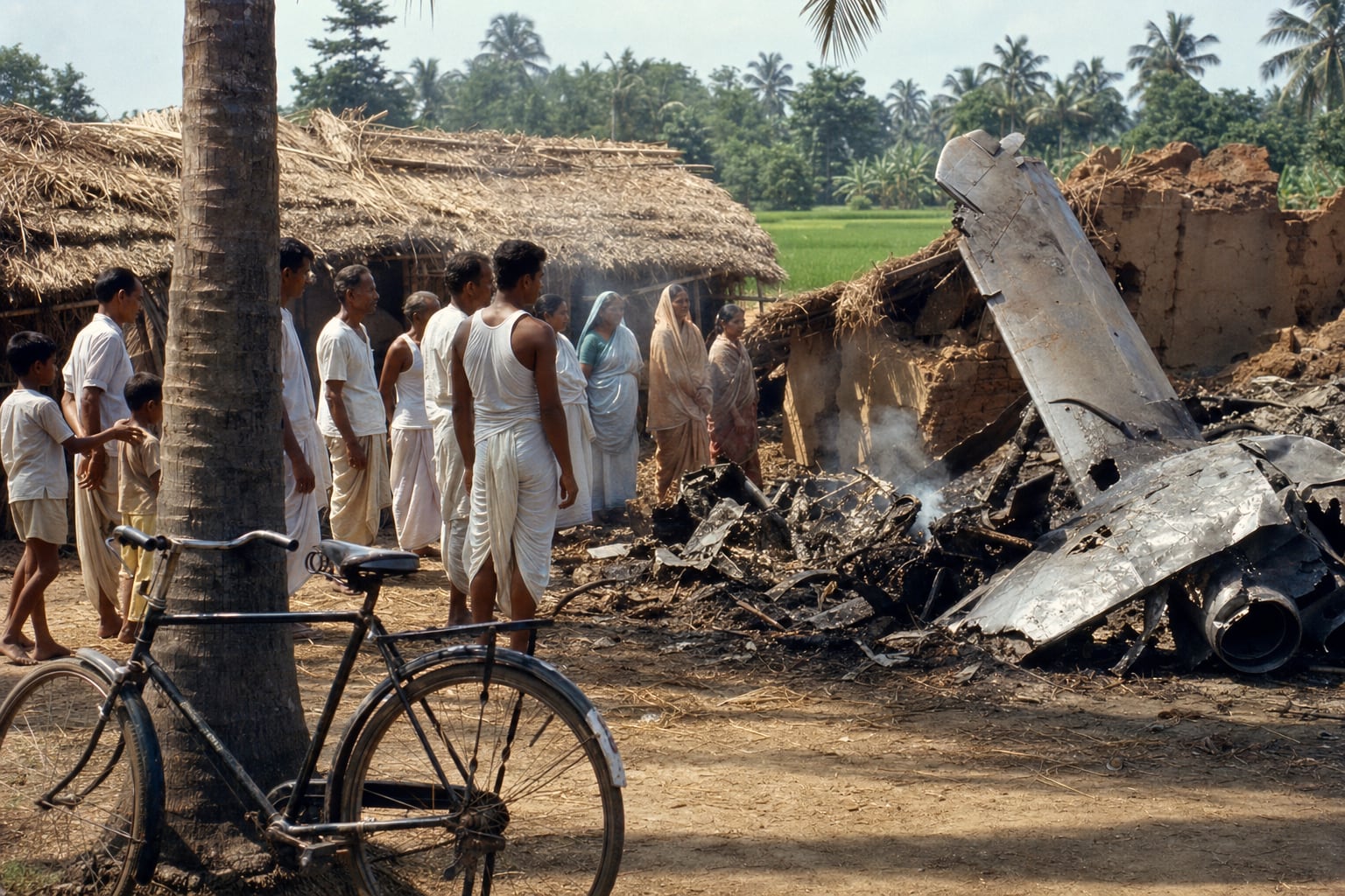 In a village of thatched mud-walled huts under flat daylight, the scorched wreckage of a jet fighter lies in the ruins of a burnt-out hut — a tall dented tail fin standing upright out of a heap of twisted blackened metal, a crumpled fuselage and an exhaust nozzle beyond it, thin smoke still rising. A line of villagers, men in white dhotis and vests and women in cotton saris with two small boys among them, stands a few paces off, several of them looking toward the camera; a black roadster bicycle rests against a palm trunk in the foreground, and green paddy and palms lie behind.