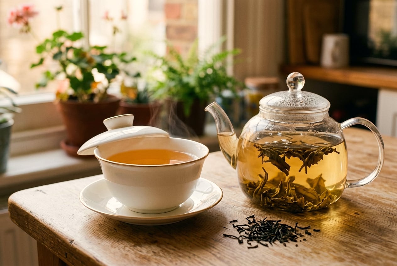 A morning still life on a scrubbed wooden table at a window, potted geraniums and ferns on the sill and brick terraces soft beyond. A wide white bone-china teacup with a thin golden rim stands on its saucer, filled with clear amber tea, steam rising; its bone-china lid rests tilted ajar on the rim. Beside it, a complete transparent glass teapot — glass lid, handle and spout — holds golden tea in which whole tea leaves have unfolded and drift fully open. A scatter of dry, wiry dark leaves lies on the table near the pot. No people, no milk, no sugar.