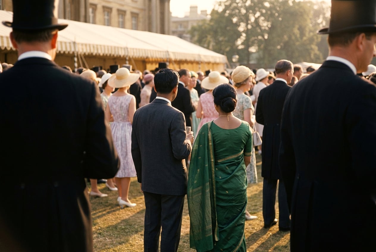 In the low golden light of a June evening, a garden party on the lawn of Buckingham Palace, seen from within the crowd, long shadows on the grass. Dark top-hatted shoulders frame the edges; at the centre a short Indian couple stand squarely with their backs to the camera — a man with dark hair in a plain dark suit, a glass in his hand, and beside him his wife, of the same height, her hair in a low bun, wearing a green silk sari with the pallu falling down her back, the one sari amongst the summer dresses. Beyond them, morning coats, pale dresses and wide hats crowd toward a striped marquee, with trees and the hazy front of the palace behind. Nearly everyone is seen from behind; the few visible faces are small, distant and anonymous.