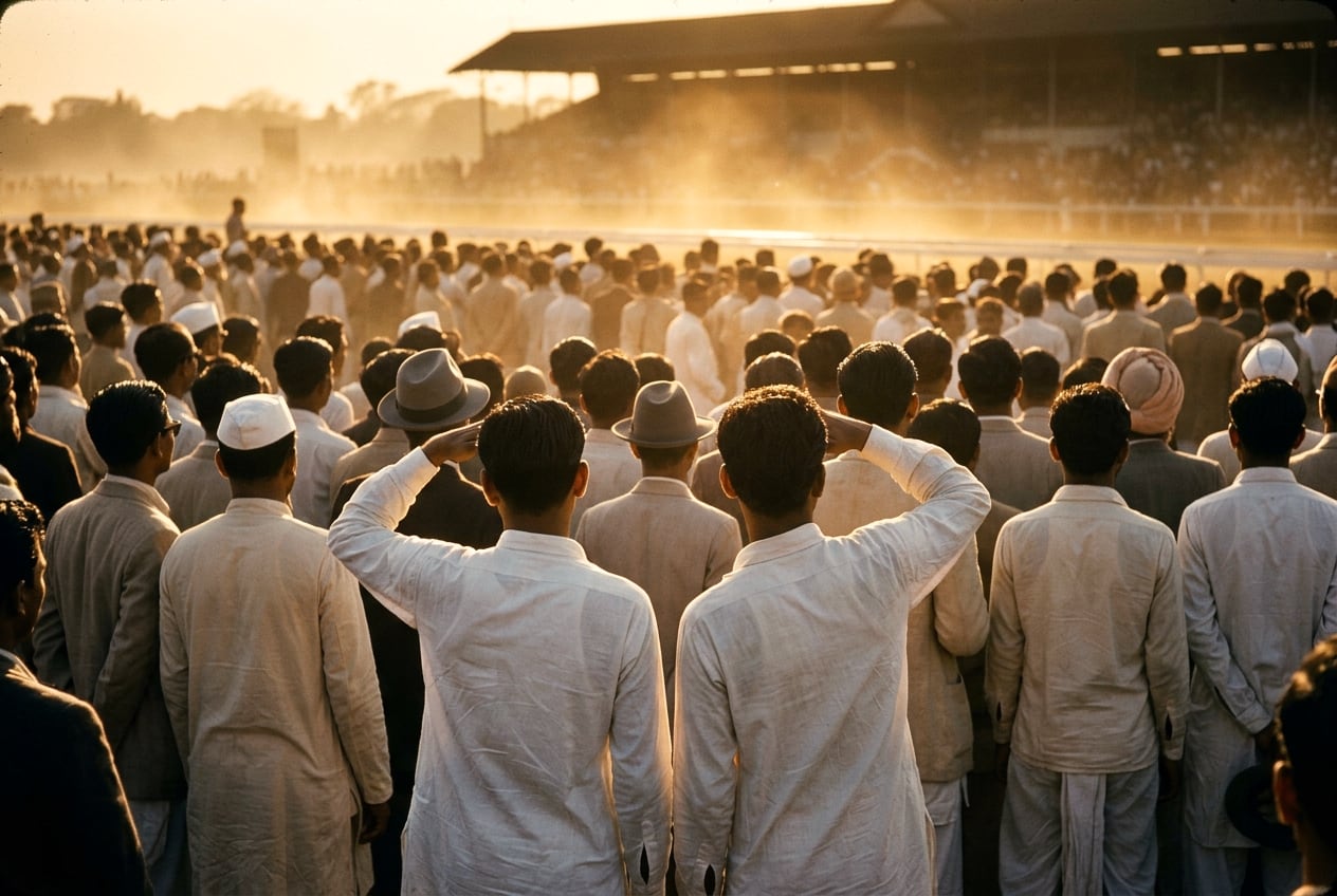 The Calcutta racecourse shot into a low golden sun, the whole crowd backlit and rimmed with light, dust hanging luminous in the air. In the sharp foreground two men in white cotton, seen squarely from behind, raise a hand to shield their eyes and crane toward the course; beyond them the sea of heads — oiled dark hair, white caps, grey felt hats, a turban — recedes row upon row into the glowing haze. Of the course itself only the white rails, an over-exposed strip of ground, a far crowd and the dark silhouette of the grandstand roof survive against the bright sky. Nothing of the event can be seen, and no face is clearly visible.