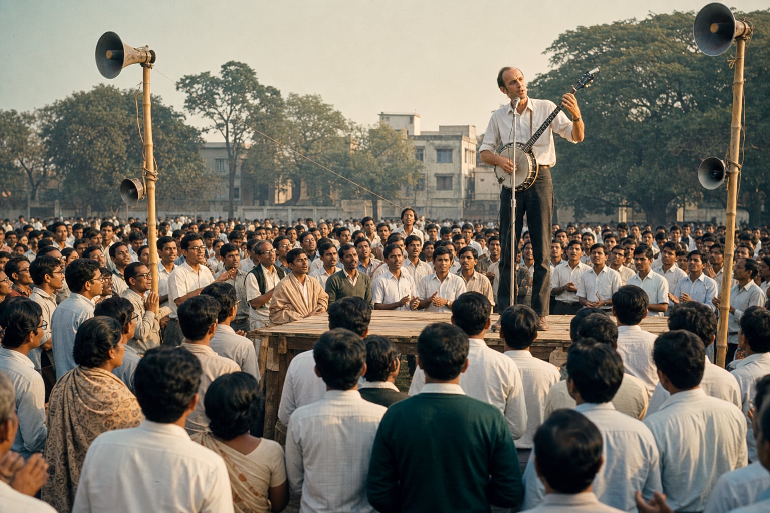 Seen from within a dense crowd on an open maidan in soft winter light, a tall, lanky man with receding hair, in a plain shirt with rolled sleeves, stands on a low makeshift stage playing a long-necked banjo at a single microphone; loudspeaker horns are lashed to bamboo poles, young men in white shirts and a few older listeners press close around the stage, some clapping time, and the trees and low buildings of 1960s Calcutta close the scene.