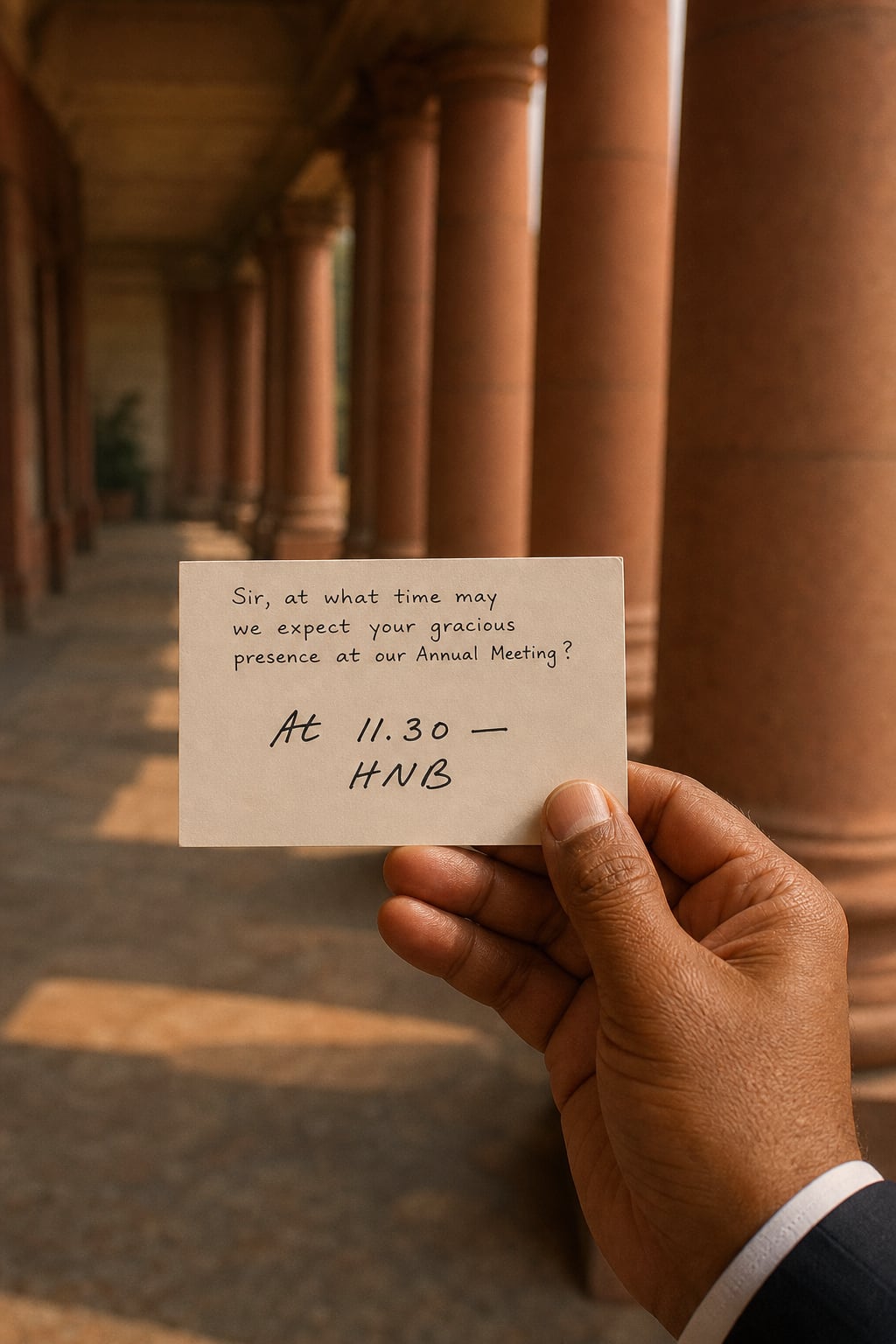 A close view of a man's hand, a white shirt cuff at the dark suit sleeve, holding up a small pale visiting card against a soft-focus sandstone colonnade; on the card's reverse a neat hand has written "Sir, at what time may we expect your gracious presence at our Annual Meeting?" and beneath it, in a bolder hurried hand, "At 11.30 —" with the initials "HNB".