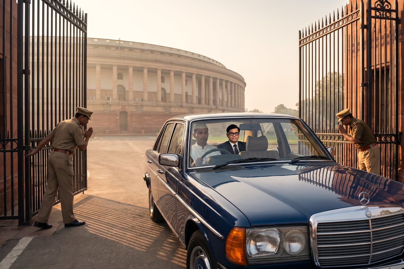 In golden dawn haze, a navy-blue late-1970s Mercedes-Benz saloon with a standing three-pointed star on its grille rolls out through the tall wrought-iron gates of Parliament House, one khaki-uniformed guard bowing with palms joined in namaste and another saluting as it passes; the white-clad, white-capped chauffeur sits at the right-hand wheel, behind him a young black-haired man in heavy black-framed spectacles, dark suit and tie smiles quietly from the rear seat, and the circular colonnade recedes into the haze.