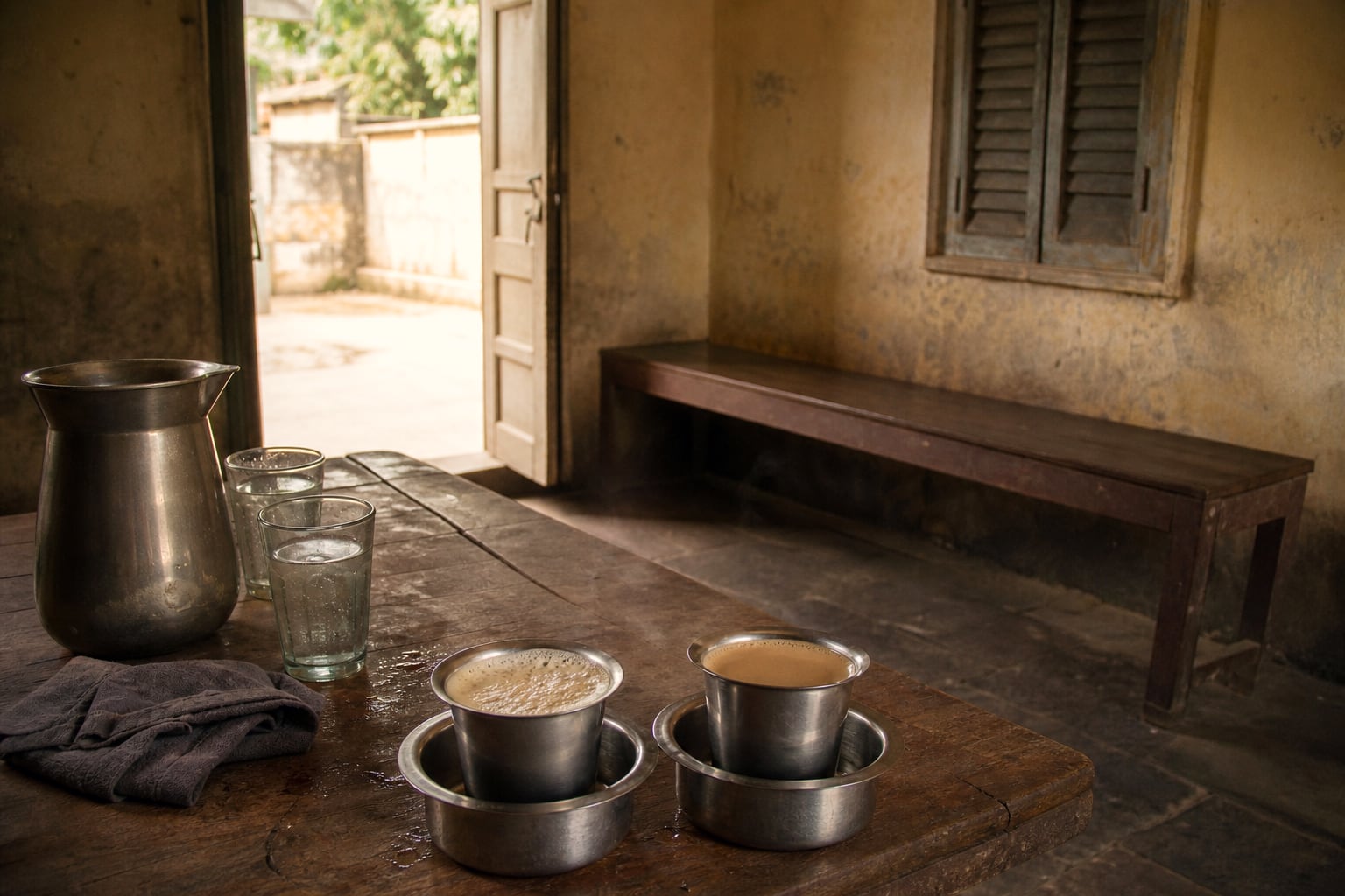 Two sets of steel filter-coffee vessels — a tumbler standing in a deep bowl — on a worn dark wooden table in a small canteen. Both are full, one carrying a head of pale froth, and faint steam rises from them. A dented steel jug and two glass tumblers of water stand behind, and a folded grey cloth lies at the table's edge. Beyond the table a long empty wooden bench stands against a mottled ochre wall below a shuttered window, and an open door gives on to bright daylight, a low wall and green leaves outside. Nobody is in the room.