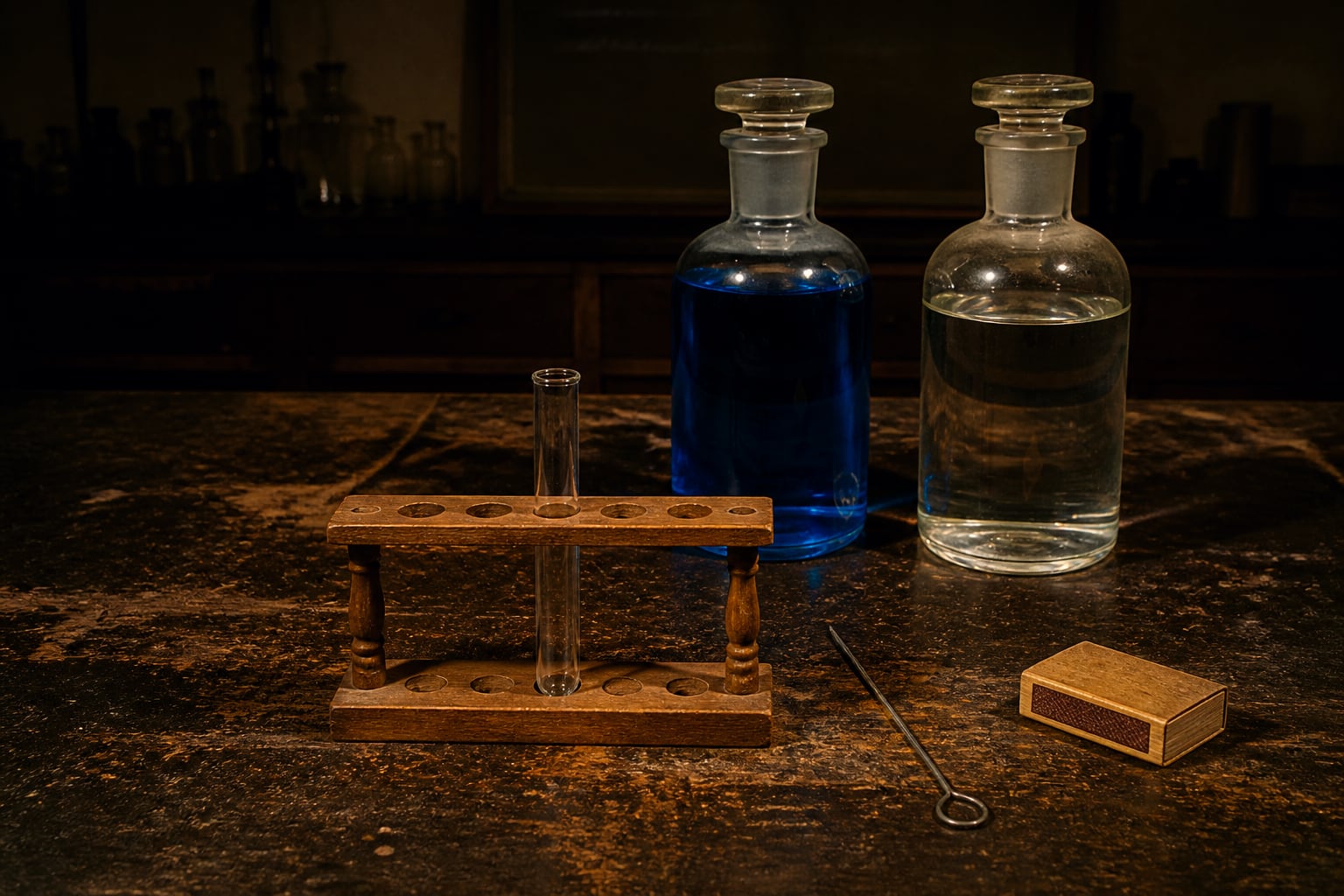 A dark laboratory bench at night, lit low from one side. Two clear glass reagent bottles with heavy ground-glass stoppers stand together at the back, one holding a deep blue solution, the other a colourless one; neither carries a label of any kind. In front of them a clean empty test tube stands upright in a small wooden rack, with a thin wire ending in a small loop and a plain wooden matchbox lying on the bench beside it. The bench top is dark and scarred; behind, barely lit, stands a shelf of bottles. Nothing is mixed and nothing has reacted.