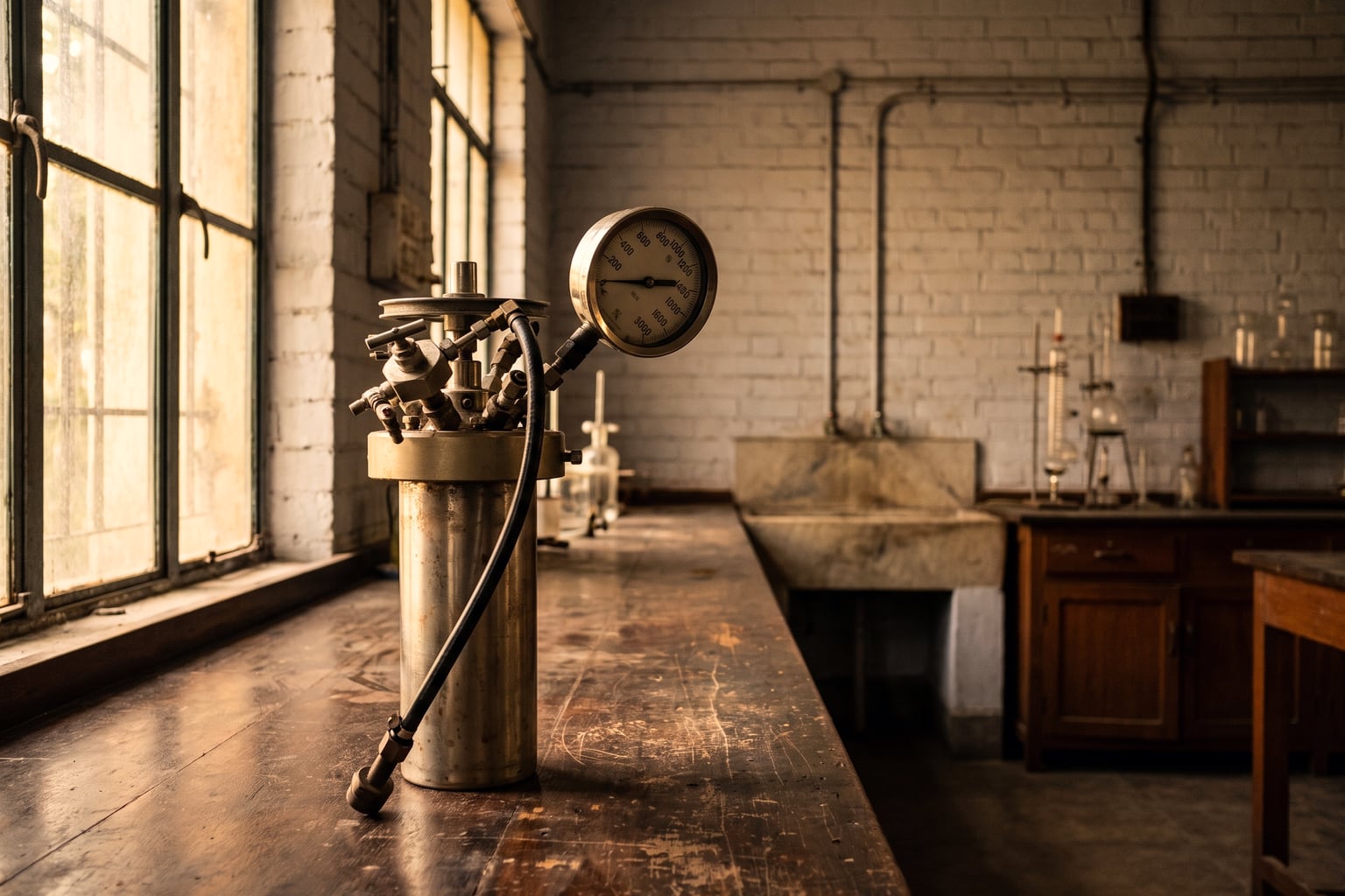 A small high-pressure reactor standing on a scarred dark wooden laboratory bench beside a tall window, in an otherwise empty room. It is a plain steel cylinder about the height of a forearm, its circular head clamped down by a ring of bolts around a raised flange, with a small spoked handwheel lying flat on top and a cluster of little valves and unions beside it. One large round pressure gauge stands up on a bracket to the right of the head, and a black flexible hose loops down from the head to a fitting at the foot of the vessel. Behind it, out of focus, are the rest of the bench, a long stone sink, glassware on a wooden dresser, whitewashed brick walls and an overhead run of pipe. Nobody is in the room.