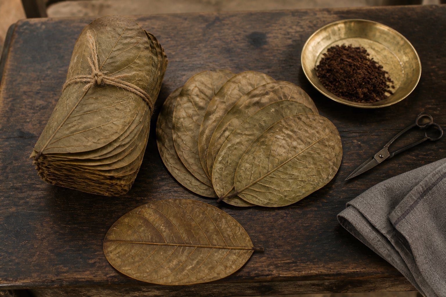 A still life on a worn, dark wooden table in soft daylight. A thick bundle of dried kendu leaves — broad and oval, tanned to a dull golden brown — is tied at the middle with rough jute twine; more loose leaves lie fanned out beside it, and one whole leaf lies flat in the foreground with its veining clear. Behind them a shallow brass dish holds a little coarse dark tobacco flake; a small pair of iron scissors and a folded grey cloth lie to the right, at the edge of the table. Nothing is rolled and nothing is lit.