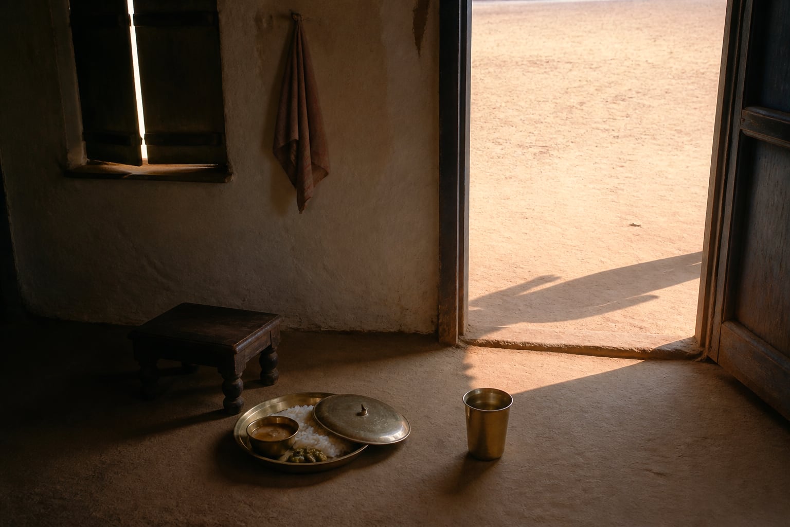 Inside a modest Indian home at midday, seen through an open doorway that gives on to bare, bright, empty sunlit ground. On the earth floor just inside stand a low wooden seat and, set before it, a brass thali of rice with a small bowl of dal on it, half covered by a domed brass lid; a brass tumbler of water stands apart, nearer the door. A cloth hangs on the limewashed wall and a bar of light falls from a shuttered window. The room is empty of people; the only trace of anyone is a figure's long shadow thrown across the ground outside the threshold.