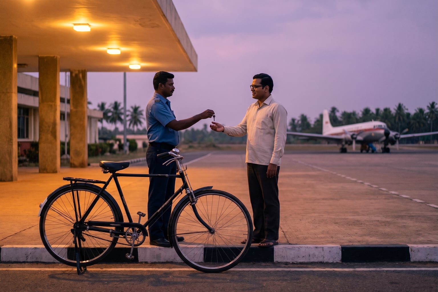 A security guard in a blue uniform holds out a small key to a young bespectacled traveller in a pale shirt, empty-handed, who reaches to accept it; the guard's black roadster bicycle stands on its stand at the kerb beside them outside a small airport terminal at dusk, palm trees and lit canopy behind, and a 1960s propeller airliner on the apron under a violet sky.
